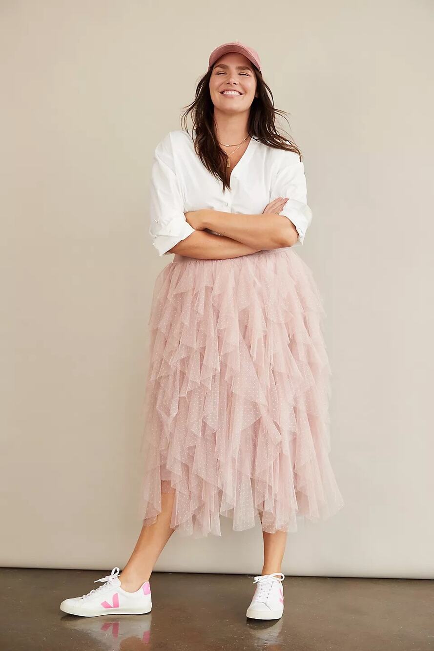 ANTHROPOLOGIE NWT Cheri Ruffled Tulle Midi Skirt in Rose Pink Size LP Petite
